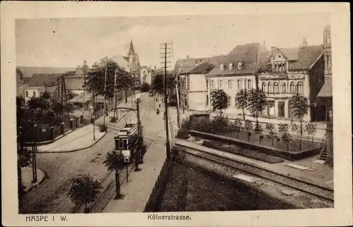 Ak Haspe Hagen Westfalen, Kölner Straße, Straßenbahnm Bahnübergang