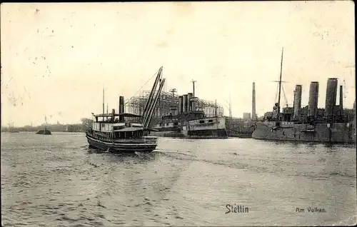 Ak Szczecin Stettin Pommern, Am Vulkan, Vulkan Werft, Kriegsschiffe