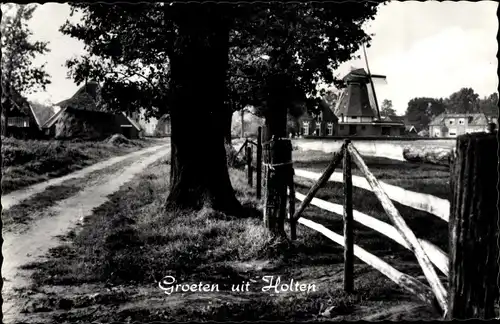 Ak  Holten Overijssel Niederlande, Ortspartie, Baum, Windmühle