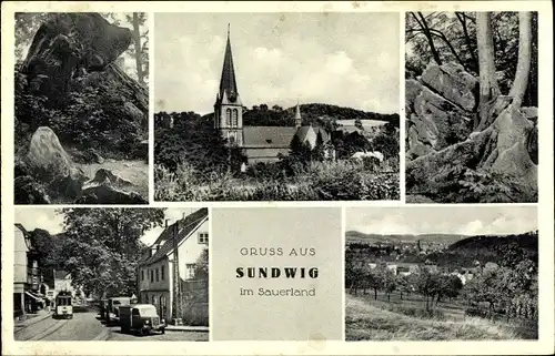 Ak Sundwig Hemer im Sauerland, Kirche, Felsenmeer, Straßenbahn, Kirche, Panoramaansicht vom Ort