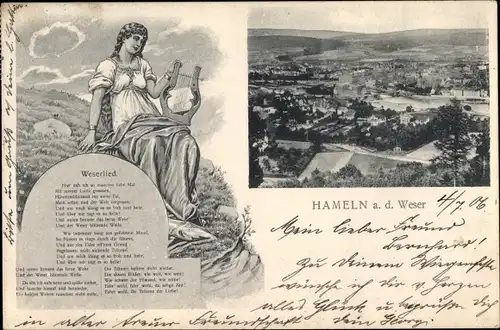 Ak Hameln an der Weser Niedersachsen, Gesamtansicht, Weserlied, Frau mit Harfe