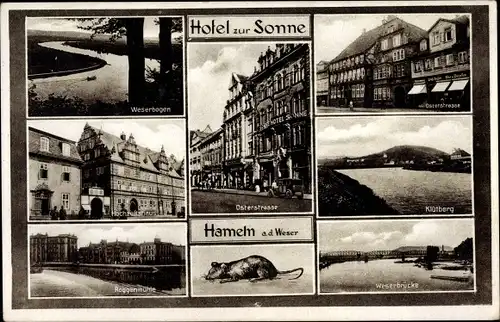 Ak Hameln an der Weser Niedersachsen, Schliekers Hotel zur Sonne, Ratte, Weserbrücke, Roggenmühle