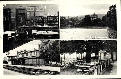 Ak Derneburg Holle, Bahnhof Gleisseite, Bahnhofsgaststätte, Schloss