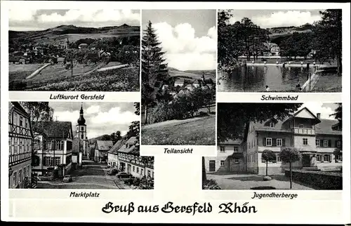 Ak Gersfeld in der Rhön in Hessen, Marktplatz, Teilansicht, Schwimmbad, Jugendherberge