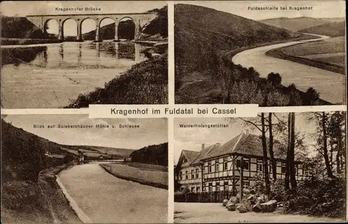 Ak Kragenhof Kassel in Hessen, Fuldaschleife, Walderholungsstätte, Spiekershäuser Mühle, Schleuse