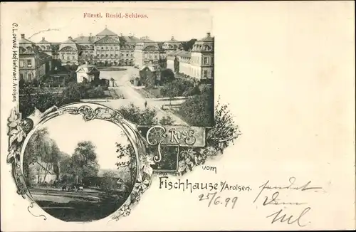 Ak Bad Arolsen in Hessen, Fürstliches Residenzschloss, Gruß vom Fischhaus