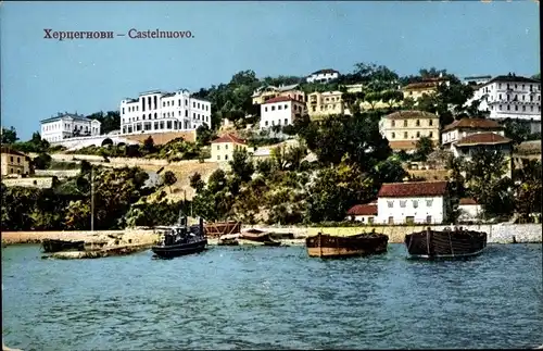 Ak Herceg Novi Castelnuovo Montenegro, Wasserpartie, Ruderboote, Häuser