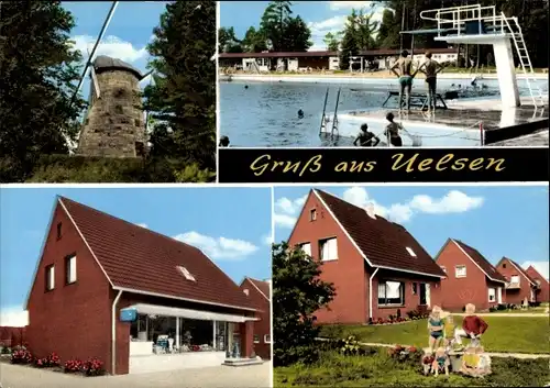 Ak Uelsen in Niedersachsen, Schwimmbad, Turm, Windmühle, Geschäftshaus, Häuser mit Gärten