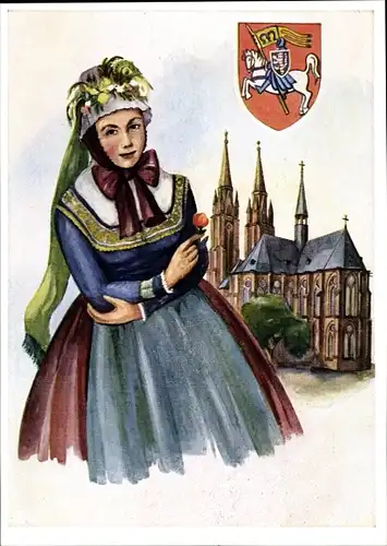 Ak Marburg an der Lahn, Frau in Tracht, Kirche, Wappen