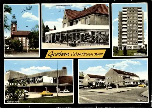 Ak Garbsen in Niedersachsen, Kirche, Schule, Hallenbad, Kaufhaus, Hochhaus