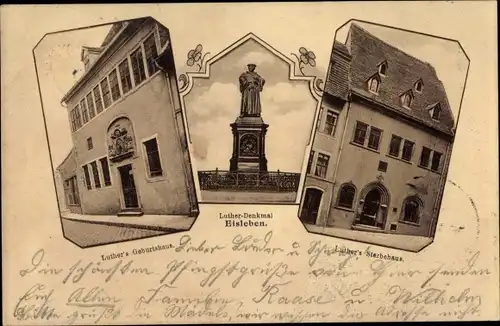 Ak Lutherstadt Eisleben, Lutherdenkmal, Luther's Sterbehaus und Geburtshaus