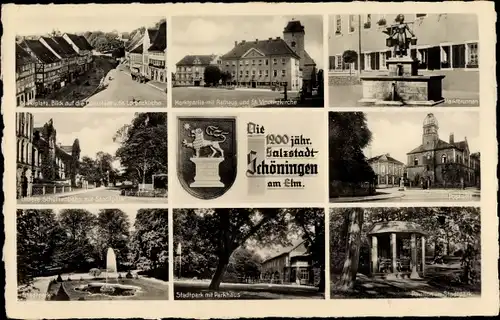 Ak Schöningen in Niedersachsen, Marktplatz, Brunnen, Kirche, Stadtpark, Parkhaus, Pavillon, Brunnen