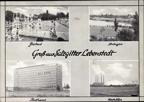 Ak Lebenstedt Salzgitter in Niedersachsen, Freibad, Rathaus, Hochöfen