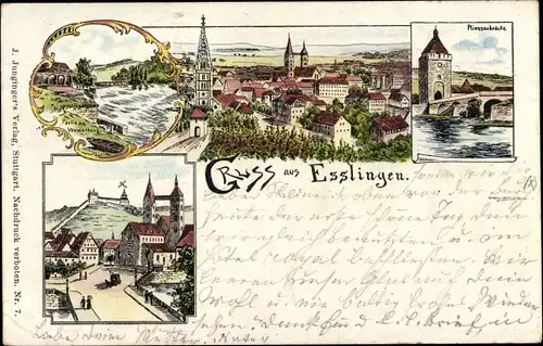 Litho Esslingen am Neckar, Panorama, Teilansichten