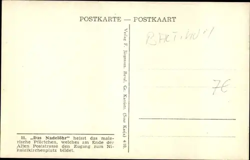 Künstler Ak Tallinn Reval Estland, Pförtchen Nadelöhr, Alte Poststraße