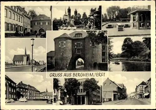 Ak Bergheim an der Erft, Tor, Ruderpartie, Kirche, Freibad, Ortsansichten