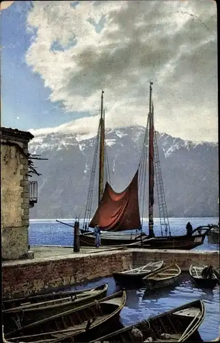 Ak Maderno Lombardia, Photochromie, Nenke und Ostermaier 1843, Gardasee, Fischerboote