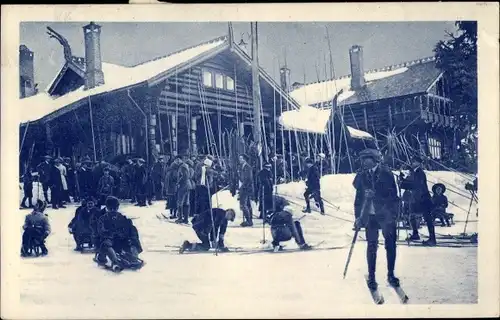 Ak Norwegen, Skifahrer, Rodler, Blockhaus