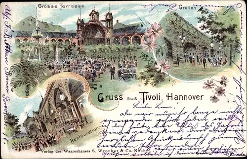 Litho Hannover in Niedersachsen, Tivoli, Restauration, Grotten, große Terrasse