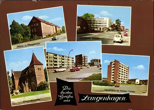 Ak Langenhagen in Niedersachsen, Alters- u. Pflegeheim, Elisabethkirche, Hochhaus, Straßenansichten