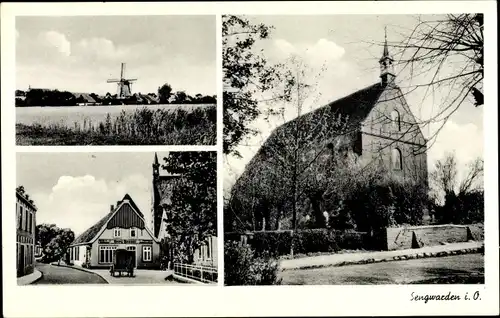 Ak Sengwarden Wilhelmshaven in Niedersachsen, Windmühle, Kirche, Straßenpartie in Ortschaft