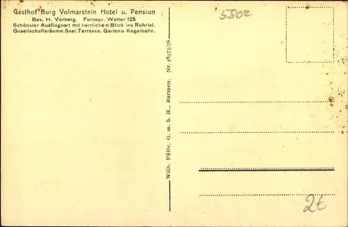 Ak Volmarstein Wetter an der Ruhr im Ennepe Ruhr Kreis, Gasthof Burg Volmarstein, Innenansicht