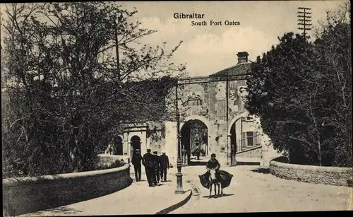 Ak Gibraltar, South Port Gates, Mann auf einem Esel
