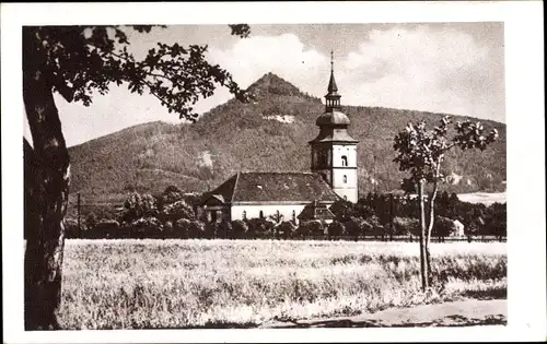 Ak Mimoň Niemes Region Reichenberg, Kostel, v pozadi Ralsko