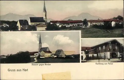 Ak Hart Chieming in Oberbayern, Handlung von Felner, Blick auf den Ort, Kirche