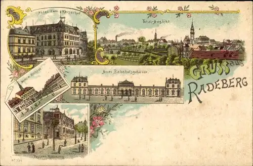 Litho Radeberg im Kreis Bautzen Sachsen, Totalansicht, Bahnhofsgebäude, Markt, Hotel zum Kaiserhof