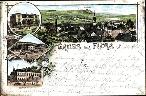 Litho Flöha in Sachsen, Gesamtansicht, Augustusburg, Bahnhof, Gasthof Flöha