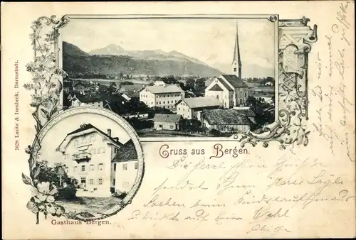 Ak Bergen im Chiemgau Oberbayern, Blick auf den Ort, Kirche, Gasthaus
