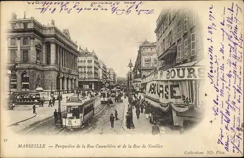 Ak Marseille Bouches du Rhône, Rue Cannebiere, Rue de Noailles, Straßenbahn 565