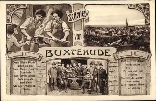 Ak Buxtehude in Niedersachsen, Schmiede, Blick auf den Ort