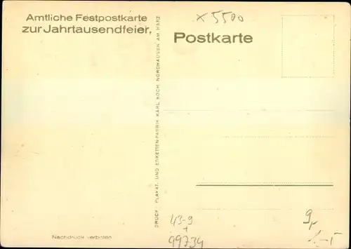 Steindruck Ak Nordhausen in Thüringen, 1000 Jahrfeier 1927