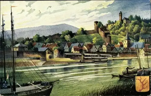 Künstler Ak Hirschhorn am Neckar Hessen, Schloss, Partie am Wasser, Wappen