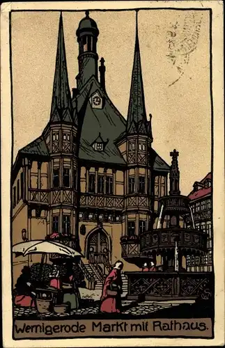 Steindruck Ak Wernigerode Harz, Markt mit Rathaus, Verkaufsstand, Brunnen