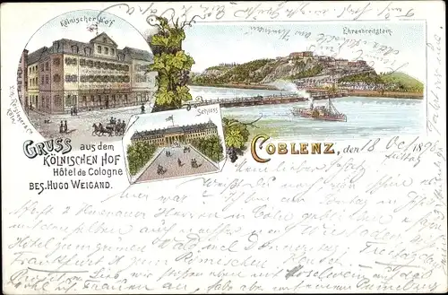 Litho Koblenz am Rhein, Ehrenbreitstein, Hotel Kölnischer Hof, Schloss
