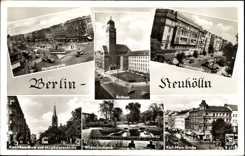 Ak Berlin Neukölln, Rathaus, Wildenbruchpark, Kirche, Hermannstr., Karl Marx Str. Klinke & Co. B 692