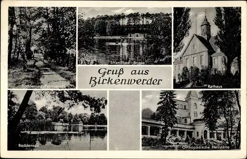 Ak Birkenwerder Brandenburg, Boddenseepromenade, Rathaus, Orthopädische Heilstätte, Strandbad Briese