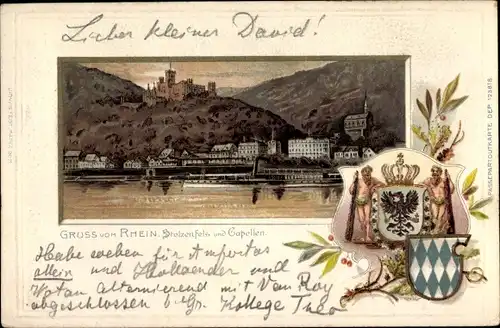 Präge Wappen Passepartout Litho Kapellen Stolzenfels Koblenz, Blick auf den Ort, Burg