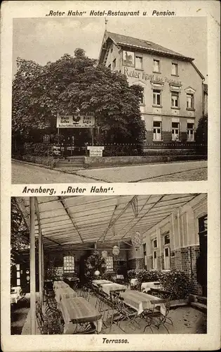 Ak Arenberg Koblenz am Rhein, Hotel Restaurant Roter Hahn, Terrasse