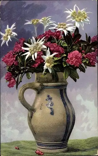 Ak Photochromie, Nenke und Ostermaier 508 725, Edelweiß und Rhododendron in einer Vase