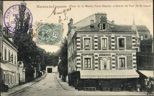 Ak Marnes la Coquette Hauts de Seine, Place de la Mairie, Porte Blanche, Entree du Parc Saint Cloud
