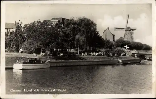 Ak Ommen Overijssel, Hotel de Zon a. d. Vecht, Windmühle