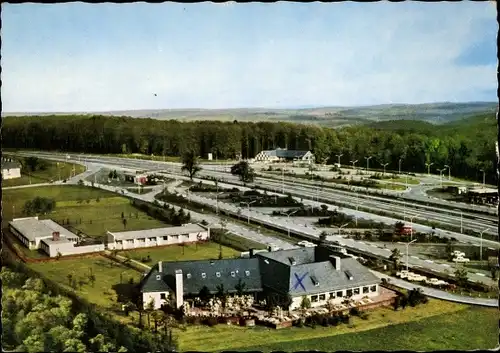 Ak Rohrbrunn Weibersbrunn Aschaffenburg, Autobahnrasthaus am Spessart, Fliegeraufnahme