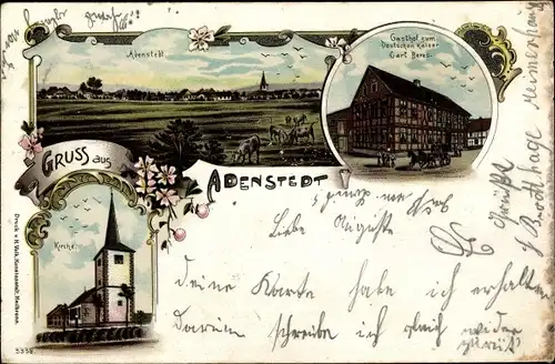 Litho Adenstedt Sibbesse in Niedersachsen, Gasthof zum Deutschen Kaiser, Kirche, Totale