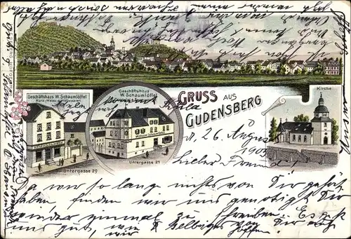 Litho Gudensberg in Hessen, Geschäftshaus, Untergasse, Kirche, Blick auf den Ort