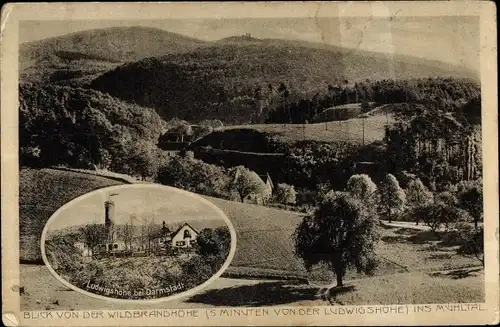 Ak Darmstadt in Hessen, Hotel-Restaurant Ludwigshöhe, Mühltal von der Wildbrandhöhe