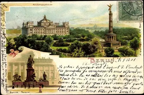 Litho Berlin Tiergarten, Reichstagsgebäude, Siegessäule, Bismarckdenkmal